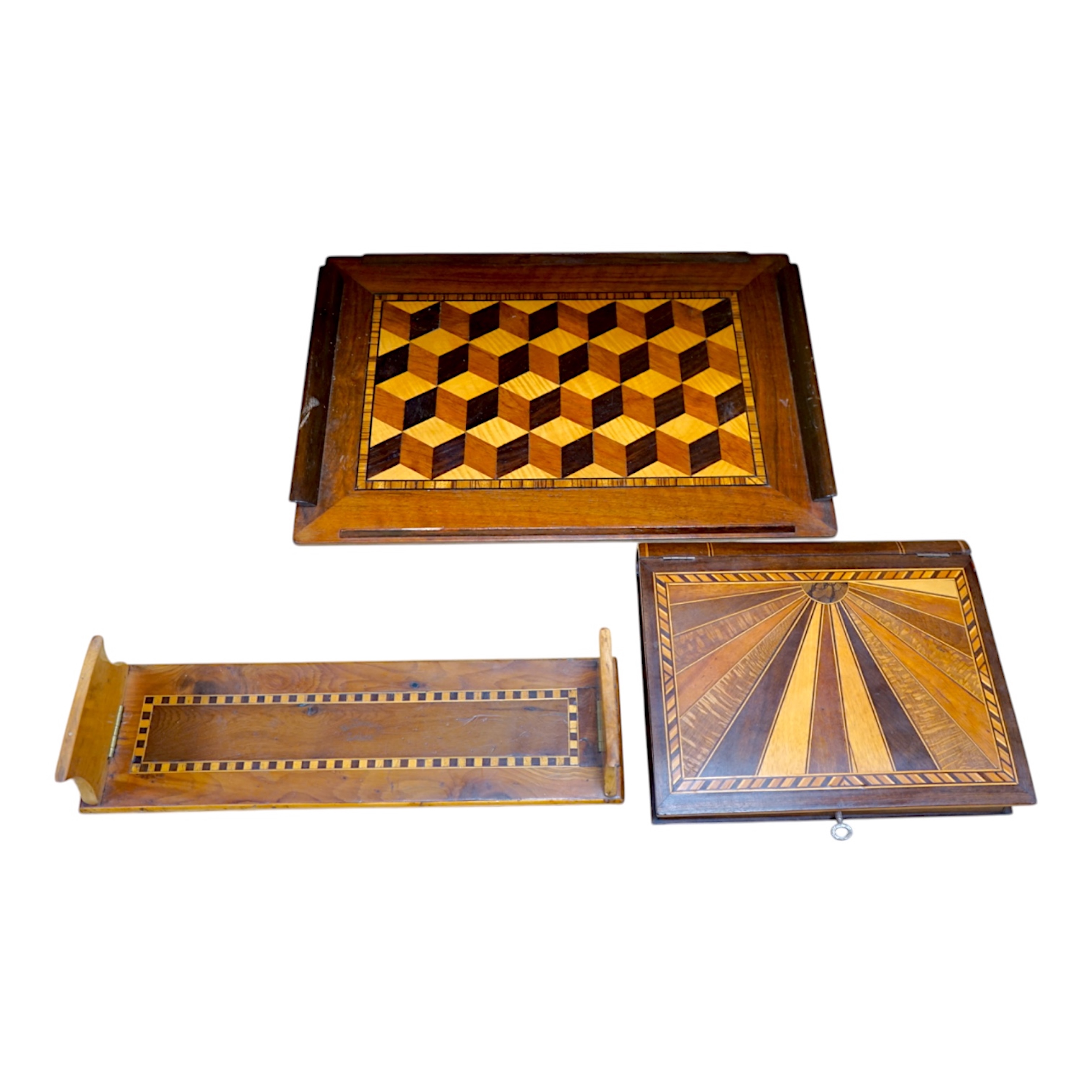 A specimen wood marquetry 'sunray' box, a marquetry tray and a Killarney yew wood bookrest, largest piece 46cm wide. Condition - some scuffs, otherwise good